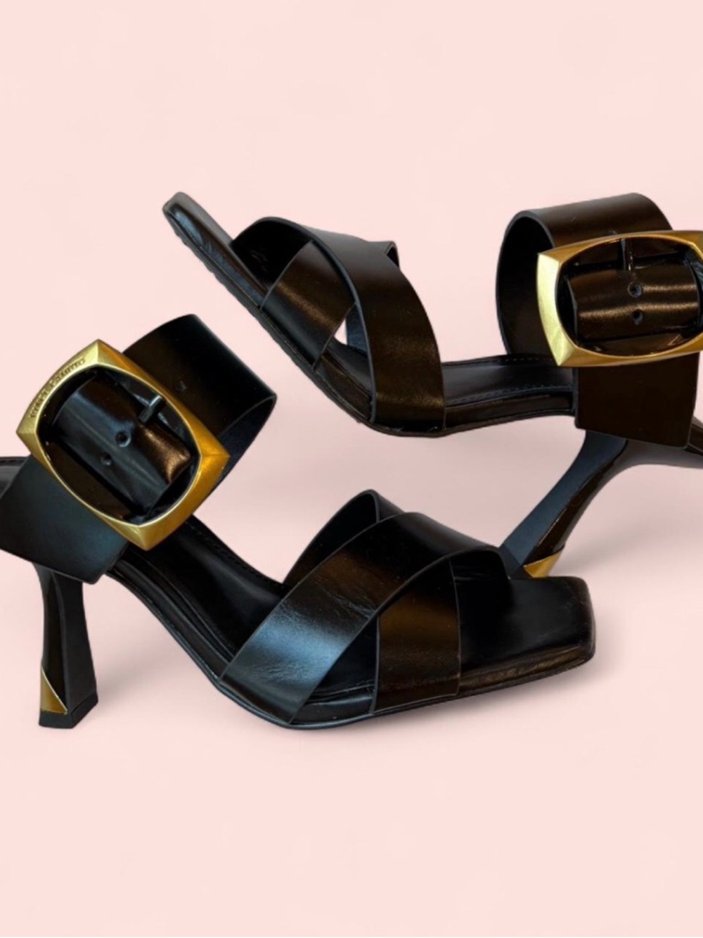 Black Leather Buckle Sandal Heels
